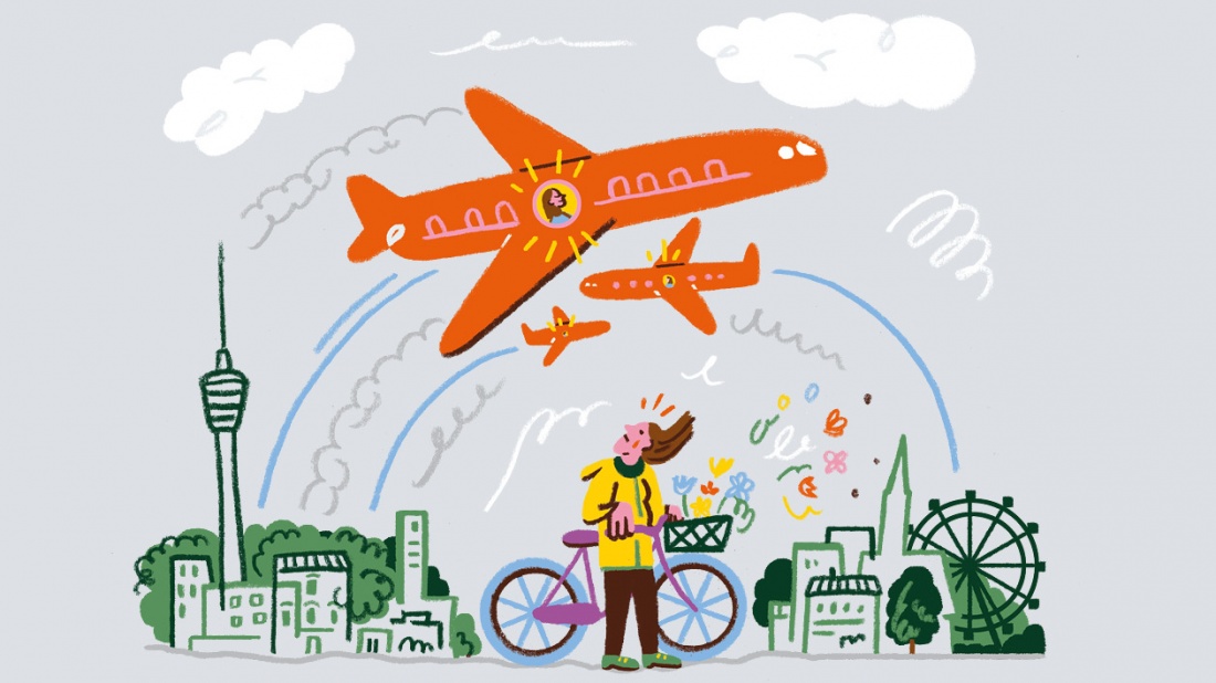 Illustration: Flugzeuge und Fahrräder zwischen zwei Städten