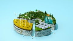Illustration: segmentierte Kuchengrafik mit verschiedenen Biomen wie Wald, Gebirge, Flüsse oder Felder mit Windkraft- und Photovoltaik-Anlagen