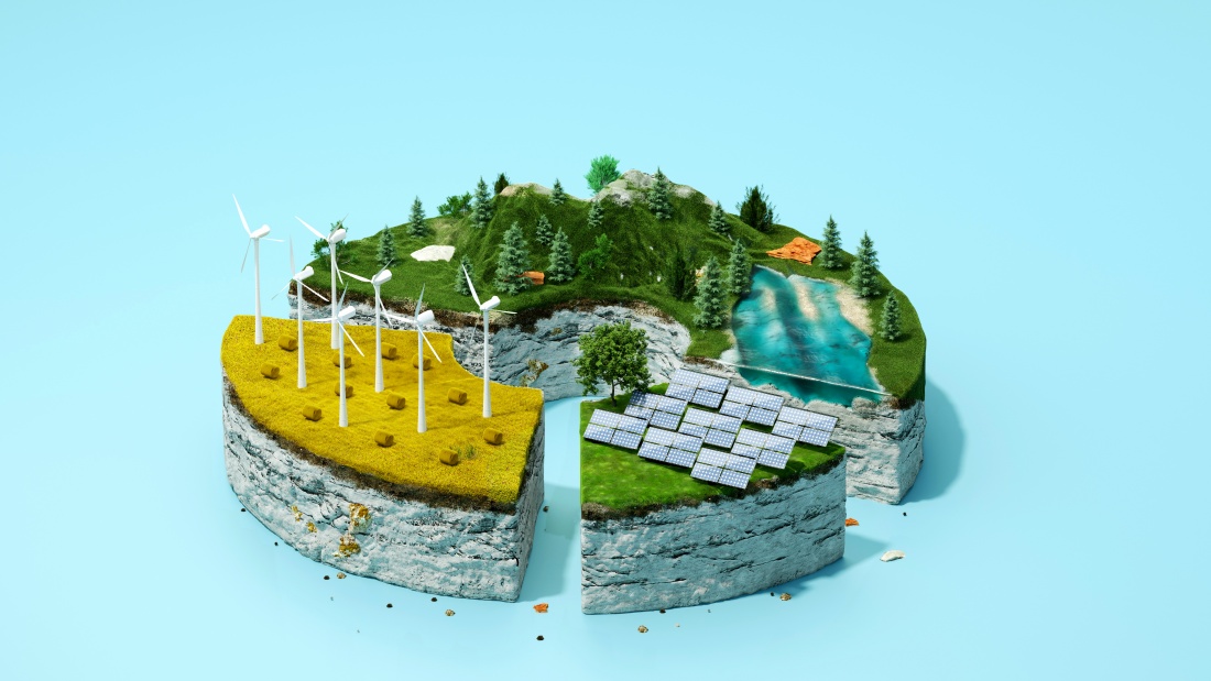  segmentierte Kuchengrafik mit verschiedenen Biomen wie Wald, Gebirge, Flüsse oder Felder mit Windkraft- und Photovoltaik-Anlagen