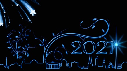 Zeichnung mit einer Stadtsilhouette und der Jahreszahl 2021 