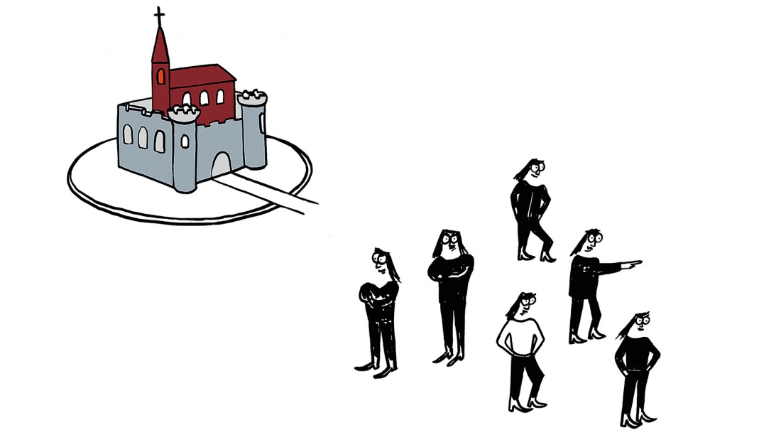 Illustration: Menschen stehen vor einer Kirchenburg