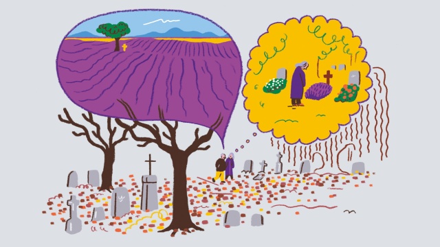 Illustration: Zwei Personen auf einem Friedhof. Die eine Person denkt an Lavendelfelder in der Provence, die andere an den Friedhof.