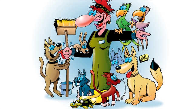 Cartoon von Stefan Bayern: Tierpfleger mit Tieren