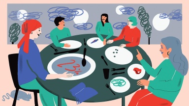 Illustration: Fünf Frauen sitzen um einen Tisch, auf dem Teller einer Frau steht 23 Prozent