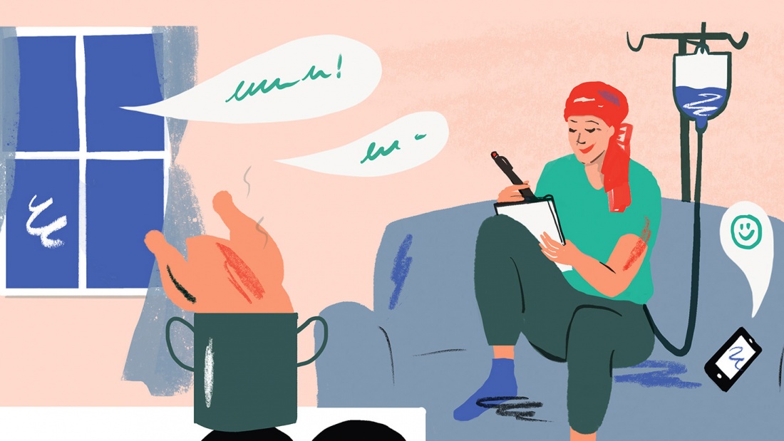 Illustration: Seelsorgerin Karin Lackus sitzt auf dem Sofa am Tropf und schreibt. Vor ihr steht ein Topf mit einem Suppenhuhn darin.