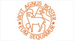 Unitäts-Logo der Herrnhuter Brüdergemeine mit der lateinischen Umschrift "Vicit Agnus Noster - Eum Sequamur", zu Deutsch "Unser Lamm hat gesiegt - lasst uns ihm folgen".
