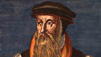 Der schottische Reformator John Knox, Kupferstich von ca. 1570 nach zeitgenössischem Bildnis; spätere Kolorierung. 