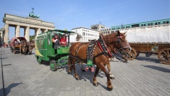Planwagen des europäischen Pferde-Pilgertrecks nach Russland
