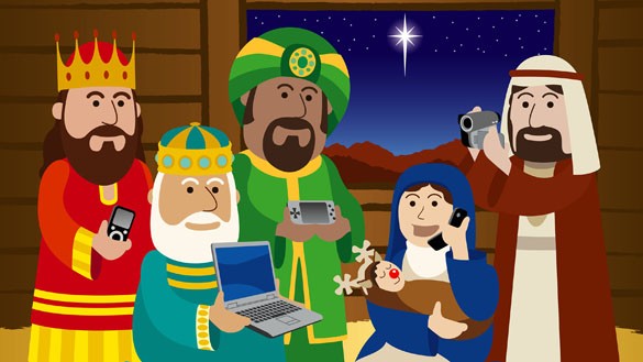Die Heiligen Drei Könige mit Laptop, Digitalkamera und Handy als Geschenke