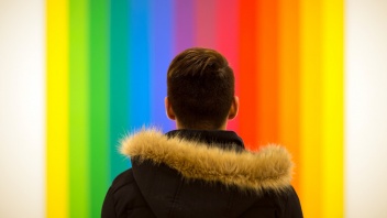 Rückansicht eines Mannes vor einer Wand in Regenbogenfarben.