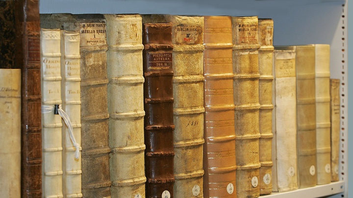Alte Bücher stehen in einem Regal in der Bibliothek des Tübinger Stifts