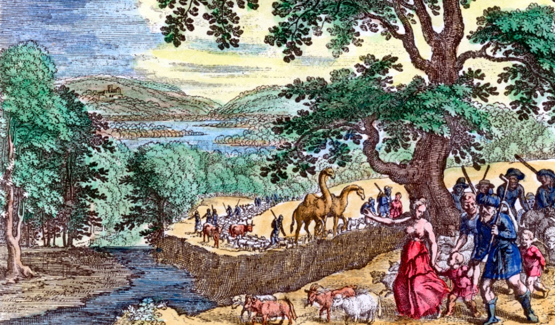 "Auszug Abrahams", kolorierter Kupferstich von Matthäus Merian