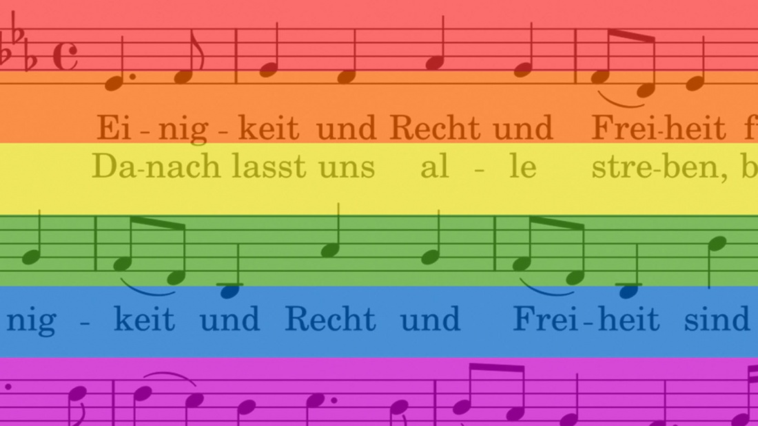 Montage aus Regenbogenfahne und Nationalhymne - Anspielung auf Kölner CSD, dessen Organisation ein Motto vorgeschlagen hatte, das auf die Nationalhymne anspielt