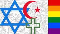  Montage aus religiösen Symbolen, Regenbogenfahne und mittelalterlicher Darstellung eines Teufelspaktes